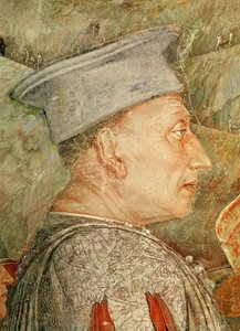 Markies Ludovico Gonzaga III van Mantua begroet zijn zoon Kardinaal Francesco Gonzaga, detail van Ludovico Gonzaga, ca.1465-74 fresco (detail)